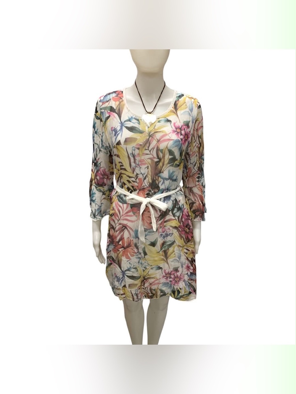 Elena Baldi Sheer Tropical Floral Belted Tunic Dress - Multi Color Size M